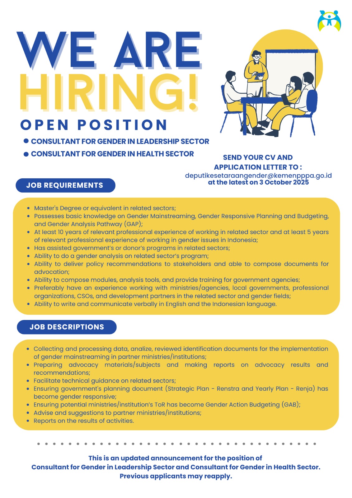 Pengumuman Perpanjangan Rekrutmen Konsultan Gender pada sektor Kepemimpinan dan Kesehatan